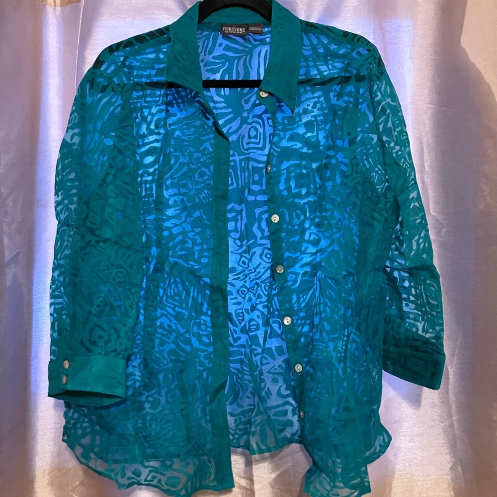 Chico's Vibrant Teal Sheer Patterned Blouse
